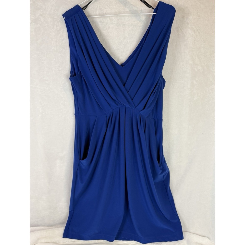Bisou Bisou Blue Draped V Neck Dress Size‎ 14 Stretch Pockets Sleeveless Zip